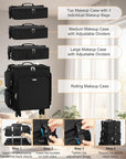 Relavel Rolling Makeup Case, 4 in 1 Hairstylist Traveling Bag Cosmetology Case on Wheels Large Hair Tools Cosmetics Train Case Makeup Artist Organizer (black with 4 additional small bags, Extra Large)