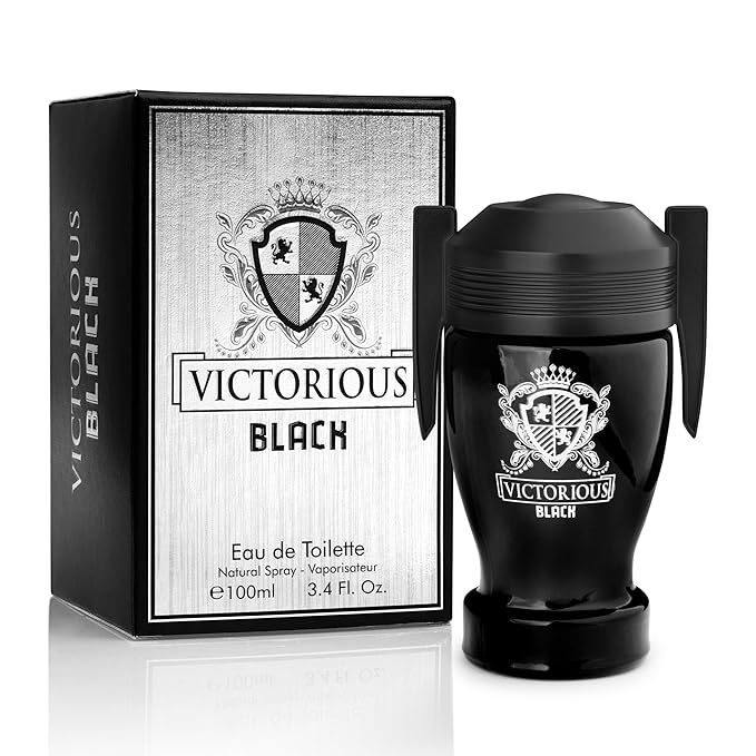 Victorious Black for Men Eau De Toilette 3.4 Fl Oz- Top Notes of Juicy Mandarin Orange & Grapefruit Blended with Sea Notes Base Notes of Ambergris, Guaiac Wood, Patchouli & Moss Elegant 100ml Bottle