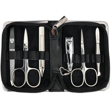 3 Swords Germany - brand quality 6 piece manicure pedicure kit set for professional finger & toe nail care with leather case - Made in Germany - black genuine leather