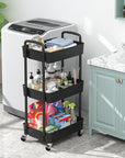 Sywhitta 3-Tier Plastic Rolling Utility Cart with Handle, Multi-Functional Storage Trolley for Office, Living Room, Kitchen, Movable Storage Organizer with Wheels, Black