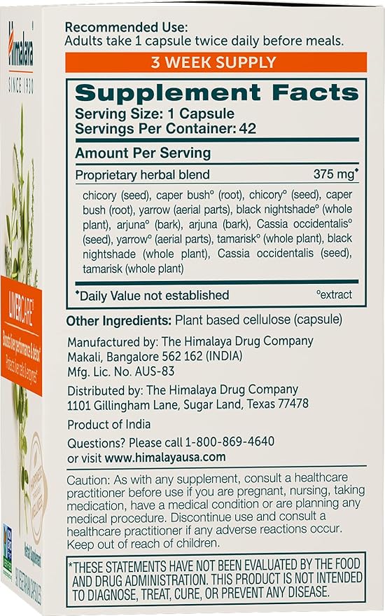 Himalaya LiverCare for Total Liver Support, Cleanse and Detox, Protects Cells & Enzymes, 375 mg, 42 Capsules, 3 Week Supply