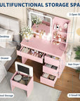 Garvee Makeup Vanity Desk with Lighted Mirror, Dressing Table Set with 4 Drawers, Power Outlet, Storage Stool, Storage Shelves, Vanity Mirror 3 Lighting Color Adjustable, Vanity Set for Bedroom, Pink
