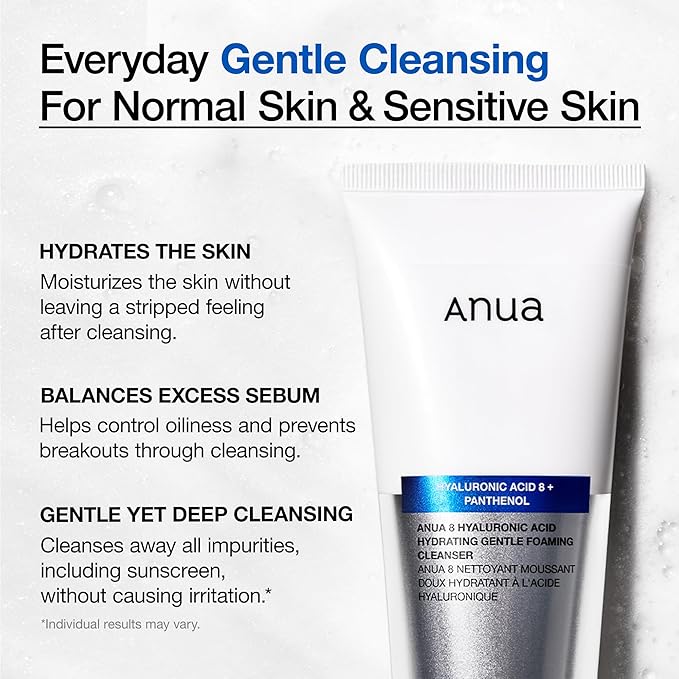 Anua Hydrating Gentle Foaming Cleanser, Hyaluronic Acid, Glycerin, Zinc, Panthenol, Korean Face Wash for Dry Skin, for Double Cleansing, Korean Skincare (150ml/5.07fl oz.)