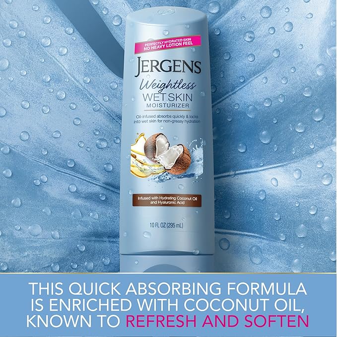 Jergens Wet Skin Body Moisturizer with Coconut Oil, In Shower Lotion for Dry Skin, Fast-Absorbing, Non-Sticky, Dermatologist Tested, 10 Oz, Pack of 3