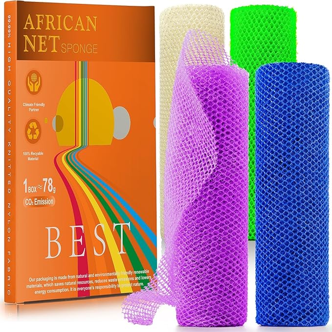 4 Pieces Exfoliating Washcloth Shower Towel African Net Sponge Japanese Wash Cloth Face Exfoliating Sponge Loofah Exfoliating Body Scrubber for Body Exfoliation (Blue, Green, Purple, White)