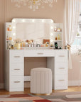 YESHOMY Vanity Desk with Large Lighted Mirror, Power Outlet and 11 Lights, Makeup Table with 7 Drawers and 3 Desktup Storage Units, 3 Color Modes Available for Bedroom, Snow White