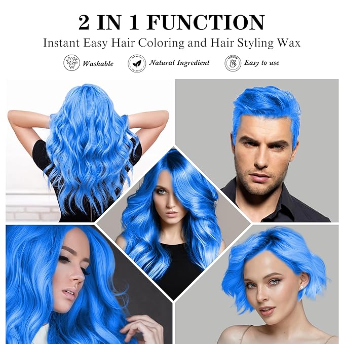 Temporary Blue Hair Color Wax 4.23 oz, Instant Natural Hairstyle Cream Dye, Washable Styling Pomades, Disposable Coloring Mud for Women Youth Men, Party Cosplay DIY Halloween
