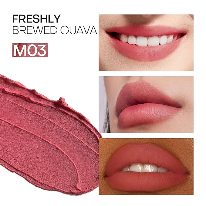 Mistine Cream Lip Gloss Thai latte Long Lasting Lip Gloss Non-sticky Silk Smooth Mist Matte Finish Lip Tint Gloss M03 Freshly Brewed Guava 0.1 fl oz 1 Count