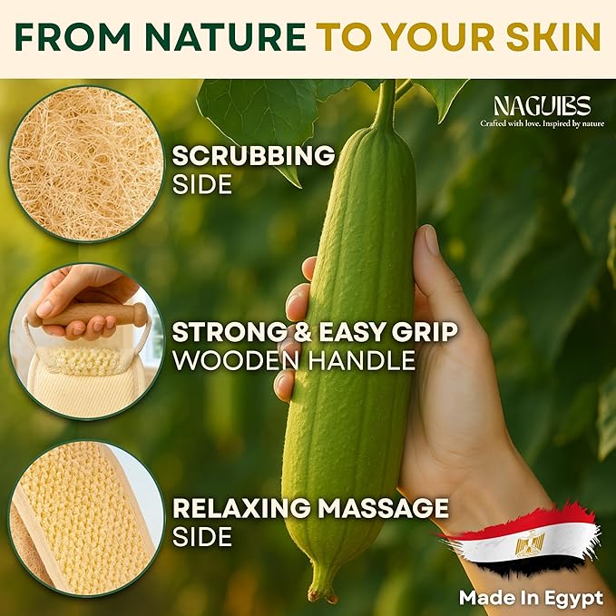 Premium 2 in 1 Egyptian 100% Natural loofah with Handle Back Scrubber for Shower and Massage exfoliating Body Scrubber for Women and Men Back Scratcher washers for Shower loofa Clean Your Back Deeply