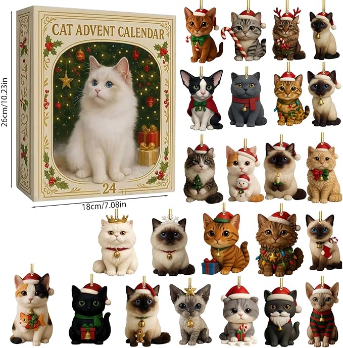 Cat Lovers Advent Calendar 2025-24 Days Christmas Countdown with Unique Cat Illustration Cards, Pop-Up Mechanism for Family Fun, Holiday Home Wall Decor
