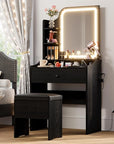 LIKIMIO Small Makeup Vanity Desk with Mirror and Lights, Vanity Table Set with Storage Drawer, Chair and Three Shelves, Bedroom, Black
