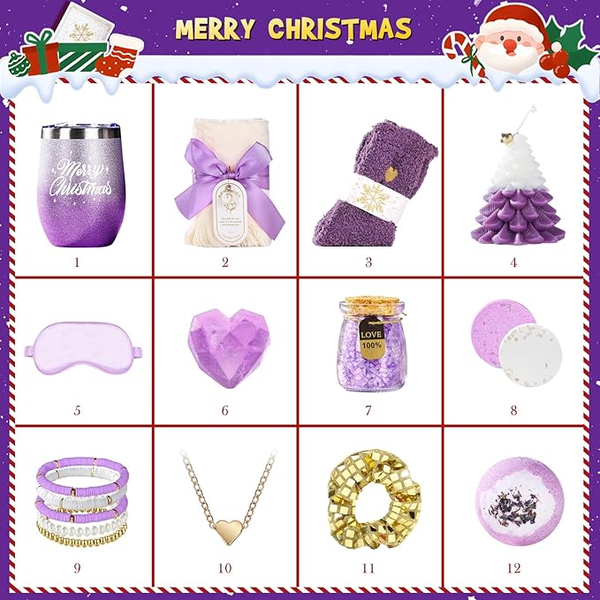 Advent Calendar 2025 Women-12 Days of Christmas Advent Calendars for Adult Women and Teen Girls, Luxury Spa Self Care Christmas Gifts Basket Countdown Calendar for Mom Wife Girlfriend Purple