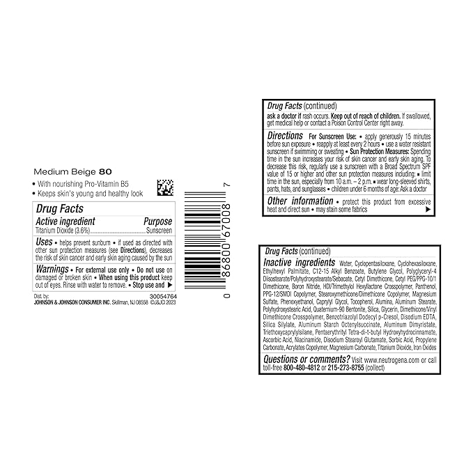 Neutrogena Healthy Skin Liquid Foundation Makeup with Broad Spectrum SPF 20 Sunscreen, Lightweight, Medium Coverage Makeup with Sunscreen and Pro-Vitamin B5, Medium Beige 80, 1 fl. oz