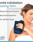 Japanese Exfoliating Washcloth for Back & Body - Charcoal & Silver Ion Exfoliating Towel with Handles - Two-Sided Gentle Exfoliation & Deep Cleansing Soft Body Wash Cloths for Shower - Blue