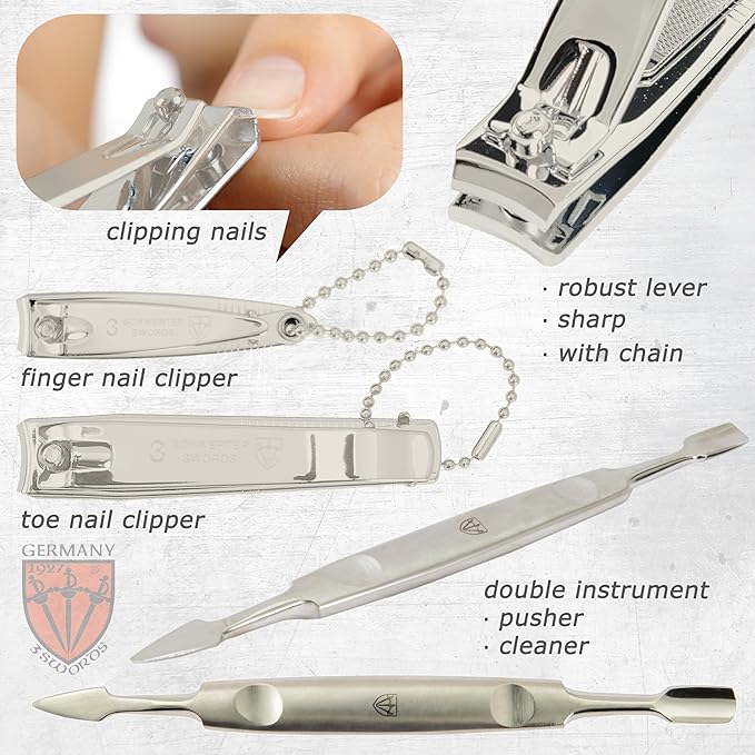 3 Swords Germany - brand quality 12 piece manicure pedicure grooming kit set for professional finger & toe nail care with black synthetic leather case - Made in Germany