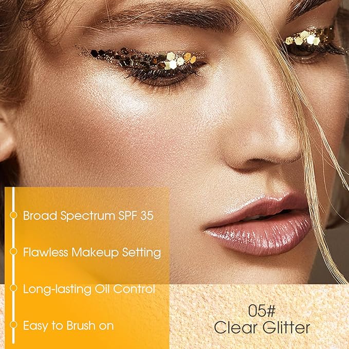 Mineral Powder Sunscreen Setting Makeup - SPF 35 Brush On Sunscreen for Face & Scalp & Hair, Natural Glow Loose Finishing Powder, Oil Control Lightweight Breathable (#05 Clear Glitter)