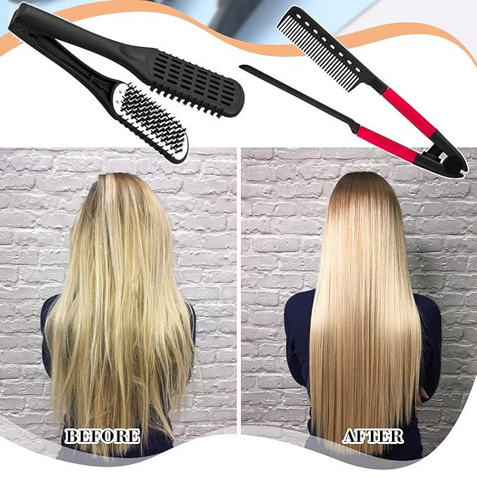 Chengu 2 Pcs Boar Bristles Clamp Double Sided Straightening Comb and Flat Iron Brush for Hair Styling and Straightening Knotty Unkempt Hair (Black, Rose Red)