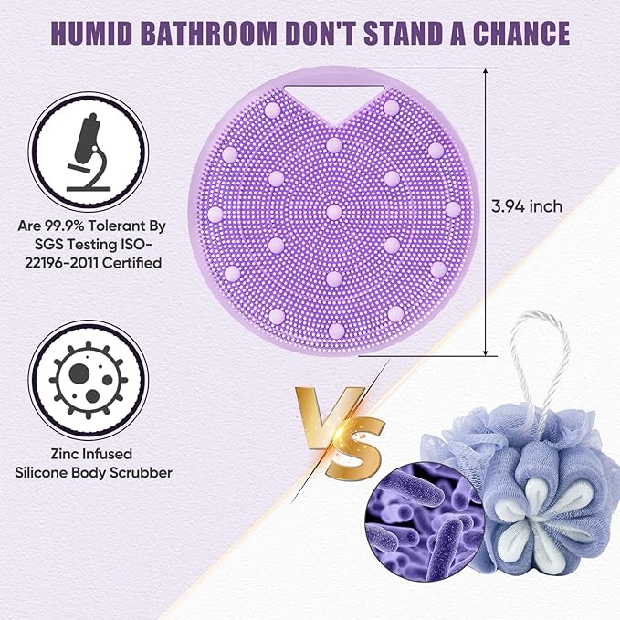 Lymphatic Drainage Silicone Body Scrubber for Shower - Exfoliating Silicone Loofah with Zinc Infused and Stiff Massage Nodes，for Improving Skin Health and Reduces Acne -Purple