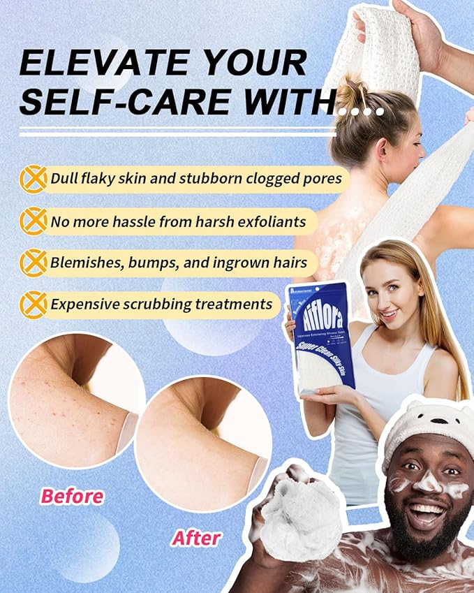 3D Wave Weave Japanese Exfoliating Washcloth, Long Exfoliating Back Scrubber for Shower, Gentle Body Scrub Towel, Korean Style, Cloud (Soft)