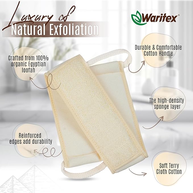 Waritex Natural Egyptian Loofah Back Scrubber for Shower, Extra-Long Exfoliating Strap Made with Natural Egyptian Loofah Fibers, Deep Cleaning Body Sponge for Men and Women – Soft Cotton Handles