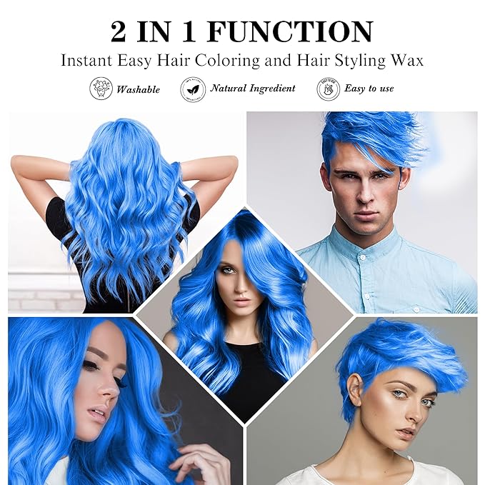 Temporary Blue Hair Color Wax 4.23 oz, Instant Natural Hairstyle Cream Dye, Disposable Coloring Mud for Men Women Youth, Washable Styling Pomades, Party Cosplay DIY Halloween