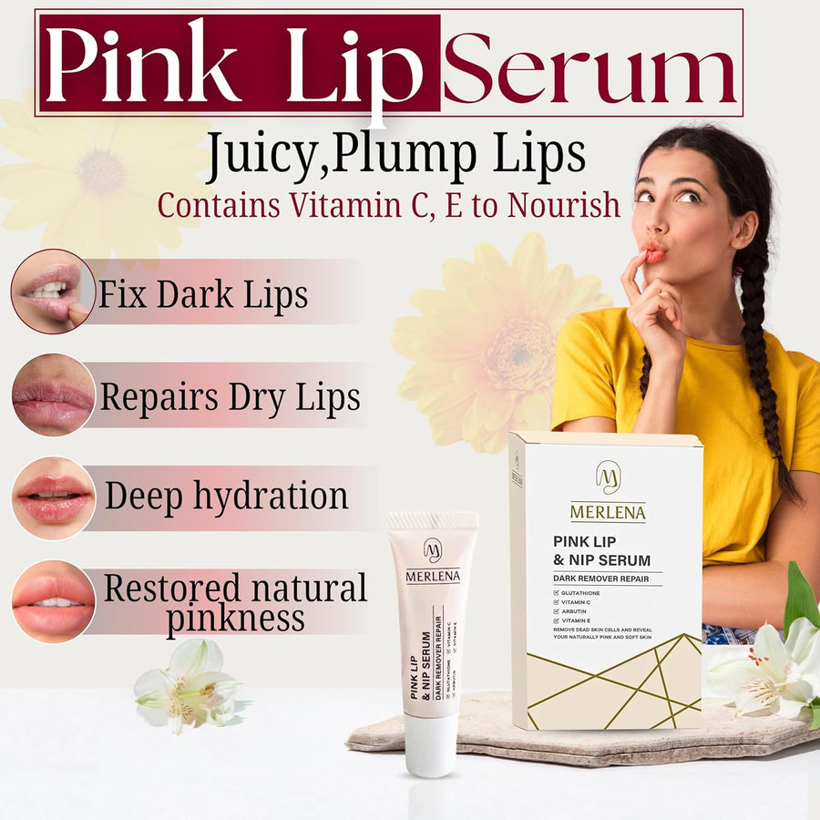 Merlena Pink Lip & Nip Serum - Hydrates and Repairs Dry, Peeling Lips and Nipples, Adds Collagen for Plumpness, Soothes Flaky Skin, Organic Vitamin C & E Formula 8ml
