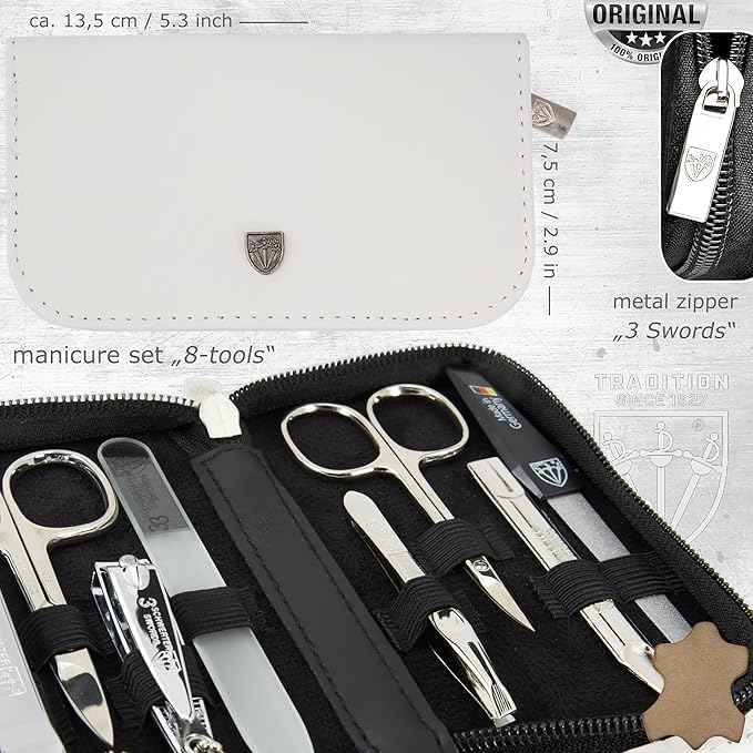 Swords Germany - brand quality 8 piece manicure pedicure grooming kit set for professional nail care genuine leather case white - Made in Germany