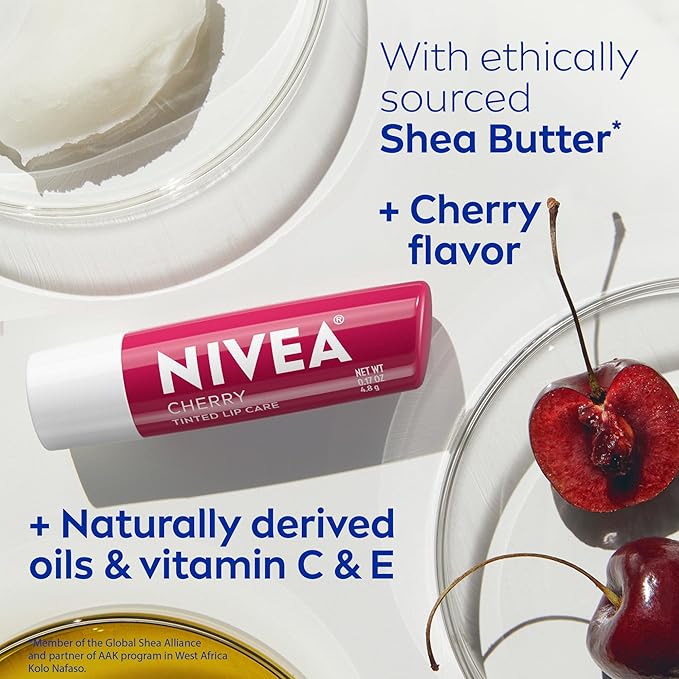 NIVEA Cherry Lip Care, Tinted Lip Balm with Shea Butter, Nourishing Oils and Vitamin C & E, 3-in-1 Moisture, Repair (for Dry Lips) and Color, 0.17 Oz Stick (Pack of 6)