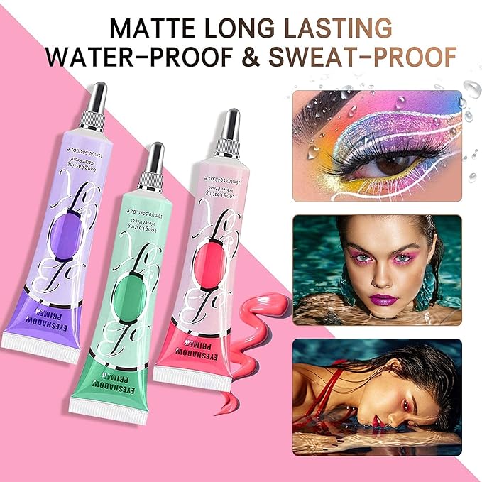 3 Pack Matte Eyeshadow Primer for Oily Lids No Crease Violet Green Pink Color Eye Makeup Eye Primer Base Waterproof & Smudge-proof & Long Lasting Cream Liquid Eye-shadow for All Shadows (Set D)