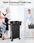 Profesional Rolling Makeup Train Case with Lid, 5 in 1 Cosmetology Case on Wheels, Large Cosmetic Trolley Organizer Travel for Hairstylist Artist Nail Beauty Salon Barber, Black