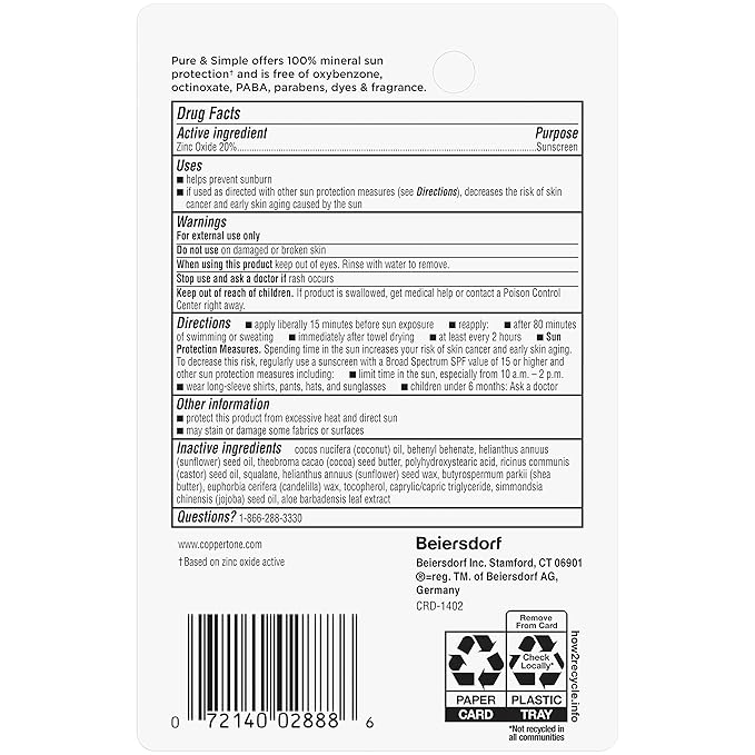 Coppertone Pure and Simple Mineral Sunscreen Stick SPF 50, Water Resistant, Hypoallergenic, Face Sunscreen with Broad Spectrum UVA/UVB Protection, 0.49 oz Stick