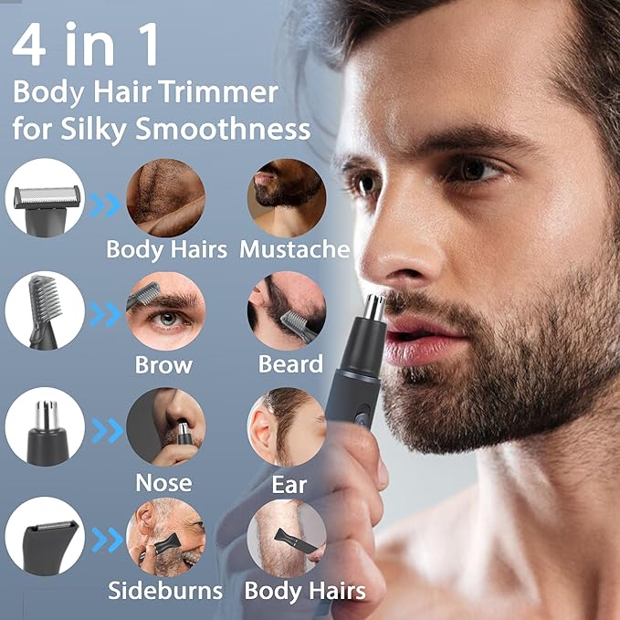 Body Hair Trimmer for Men, 4 in 1 Versatile Hair Trimmer for Groin/Ball/Beard/Eyebrow/Nose/Ear Hair Shaver, USB-C Rechargeable, Mens Grooming Kit for Smooth Shaving with Storage Bag