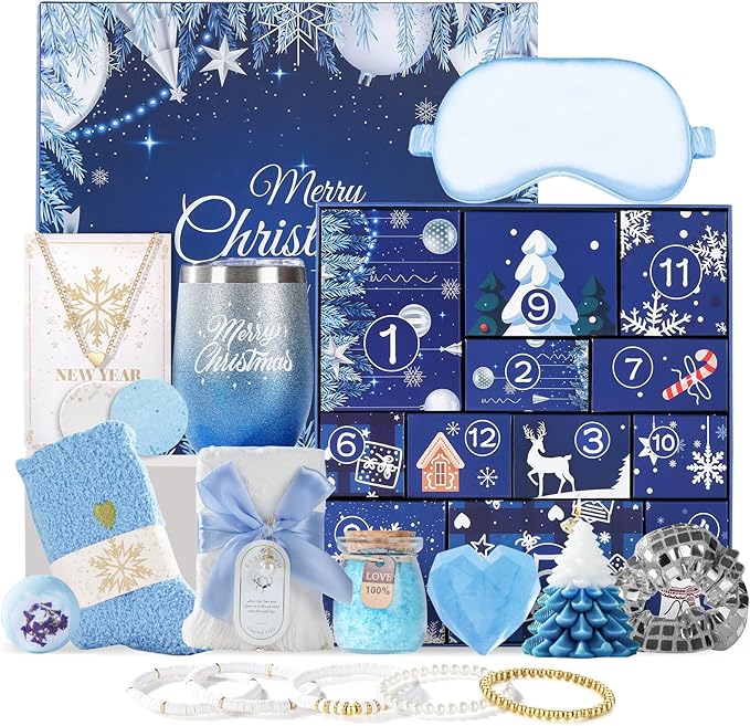 Advent Calendar 2025 Women-12 Days of Christmas Advent Calendars for Adult Women and Teen Girls, Luxury Spa Self Care Christmas Gifts Basket Countdown Calendar for Mom Wife Girlfriend Blue