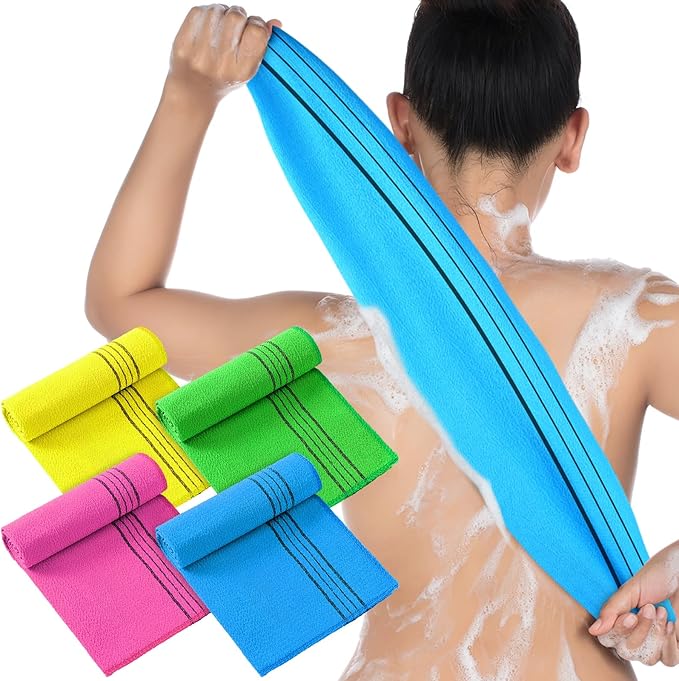 Tatuo 4 Pieces Korean Exfoliating Washcloth Body Back Scrubber Japanese Italy Exfoliating Cloth 35.5 Inch Long Bath Towel Washcloth Dead Skin Remover for Men Women(Multicolored)