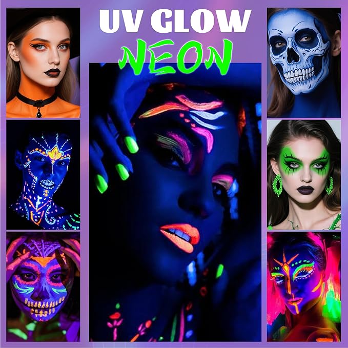 UV Neon Blue Face Body Paint Stick, Colored Professional Full-Coverage Oil-Based Eye Black Stick for Halloween Cosplay Christmas, Face Painting Foundation Makeup Glow in the Dark Party Supplies-06