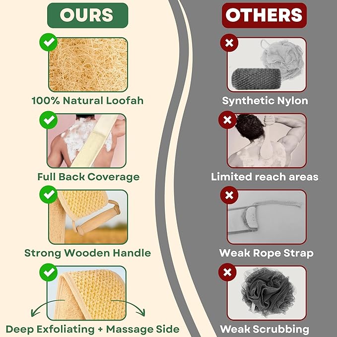 Premium 2 in 1 Egyptian 100% Natural loofah with Handle Back Scrubber for Shower and Massage exfoliating Body Scrubber for Women and Men Back Scratcher washers for Shower loofa Clean Your Back Deeply