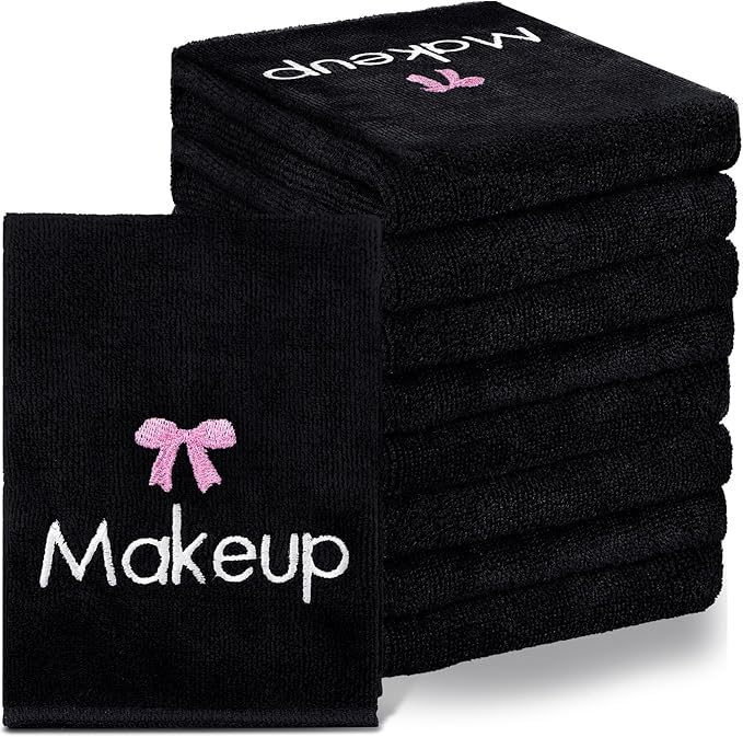 Shimeyao 20 Pack Makeup Towels Black Makeup Washcloths for Face Pink Bow Soft Microfiber Remover Cloth 13x13 Inch Quick Dry Face Towels for Cleansing Hand