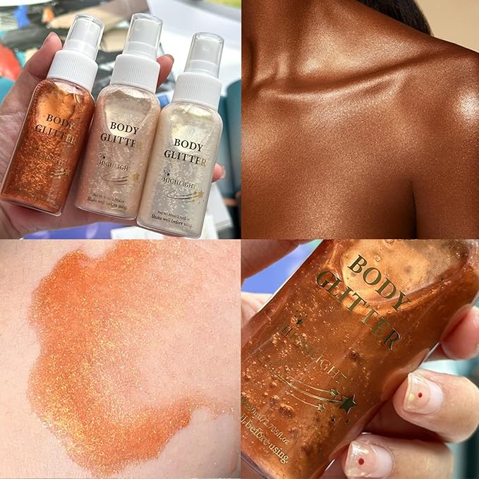 MAEPEOR Body Glitter Spray 4 Colors Quick-Drying and Non-Sticky Body Glitter Spray Moisturizing Bronze Body Shimmer for Face Hair Body (80ML, 02 Rose Gold)