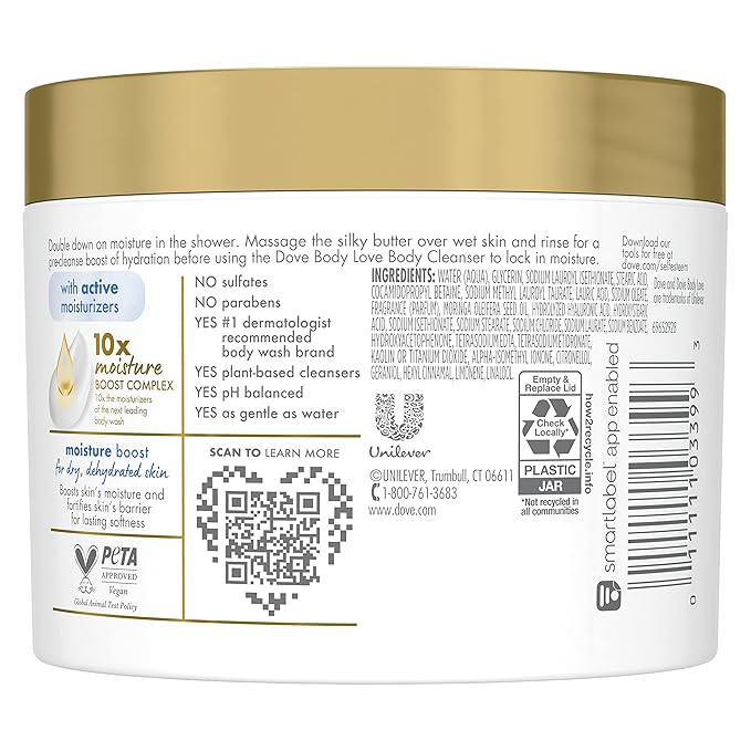 Dove Body Love Shower Cleansing Butter Moisture Boost Cleanser for Dry Skin Silkier than Body Wash with Hyaluronic Acid and Moringa Oil 10 oz