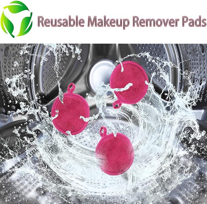 Reusable Makeup Remover Pads 16 Pack Microfiber Cleansing Facial Rounds Wipes Face, Eyes, Lips（3.5inch, dark pink）