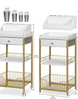 Makeup Organizer Cart with Drawer, 2-in-1 Rolling Organizer Cart with Hair Tool Holder, Vanity Storage for Skincare, Perfume, Nail Polish, Cosmetics, Gold Finish