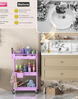 Goovilla Rolling Makeup Organizer Cart with Removable Drawer, 3 Tier Stable Purple Floor Skincare Storage Cart for Vanity, Cosmetic Display, Nail Polish, Perfume, Hair Stuff, Beauty, Bathroom(Plastic)