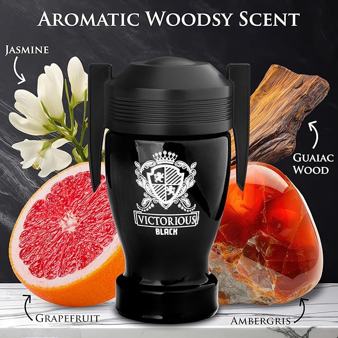 Victorious Black for Men Eau De Toilette 3.4 Fl Oz- Top Notes of Juicy Mandarin Orange & Grapefruit Blended with Sea Notes Base Notes of Ambergris, Guaiac Wood, Patchouli & Moss Elegant 100ml Bottle