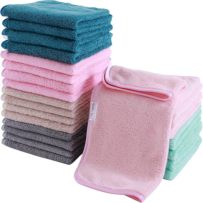 Cosy Family 24 Pack Soft Washcloths Set - 12 x 12 inches, Quick Drying - Highly Absorbent Coral Velvet Fingertip Towel Bathroom Wash Clothes for Bath, Spa, Facial, Kitchen - Light Color