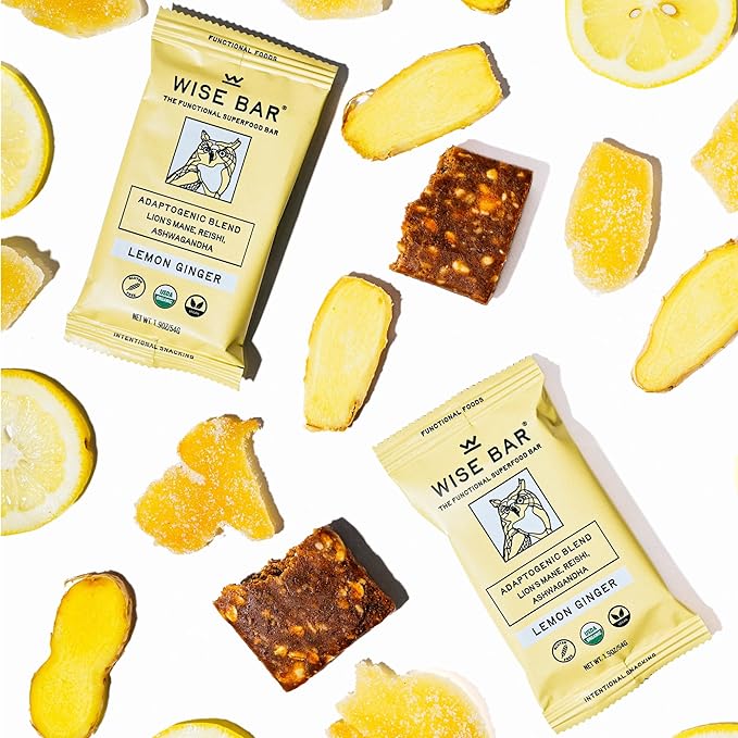 Wise Bar Adaptogen Mushroom Nutrition Bars | Lemon Ginger Flavor | 12 Count | Functional Mushrooms and Adaptogens Bar | Organic Nutrition Energy Bars, Vegan, Gluten Free