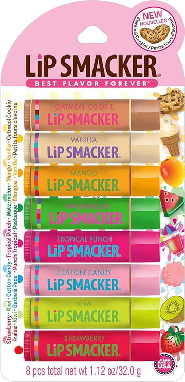 Lip Smacker Original & Best Holiday Flavored Lip Balm Party Pack, Oatmeal Cookie, Vanilla, Mango, Watermelon, Tropical Punch, Cotton Candy, Kiwi, Strawberry, Clear