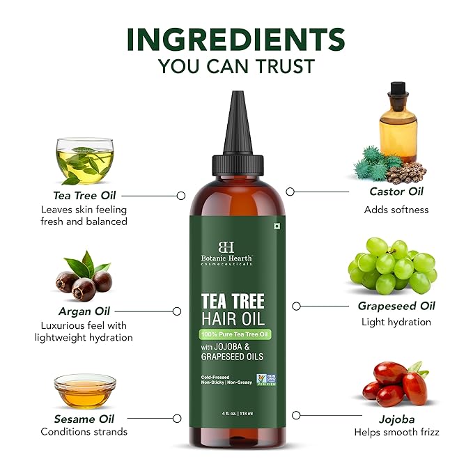 Botanic Hearth 100% Pure Tea Tree Oil For Hair Growth | Infused with Jojoba & Grapeseed Oils | Hair Oil Repairs Dry Damaged Hair, Strengthening, Healthier - Hair Tonic, 4.0 fl oz