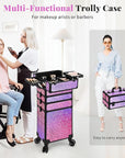 Profesional Rolling Makeup Train Case with Lid, 5 in 1 Cosmetology Case on Wheels, Large Cosmetic Trolley Organizer Travel for Hairstylist Artist Nail Beauty Salon Barber, Gravel Pink