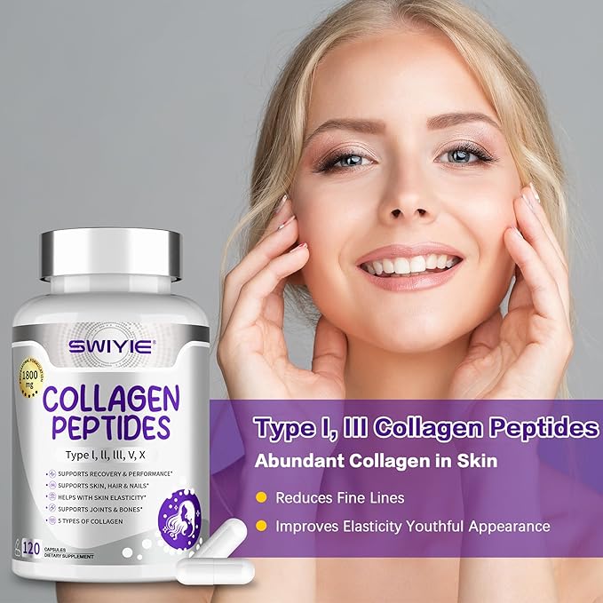 Multi Collagen Peptides Capsules 1800mg, Hydrolyzed Collagen Supplements for Women & Men with Types I, II, III, V & X, Collagen Protein Supports Skin Nails Bones & Joints | 120 Count