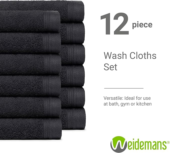 100% Cotton Washcloths Set 13” x 13” | Black Towels | Set of 12 Ultra Soft and Highly Absorbent Washcloths Sets for Bathroom, Gym, Spa | Machine Washable Face Towel